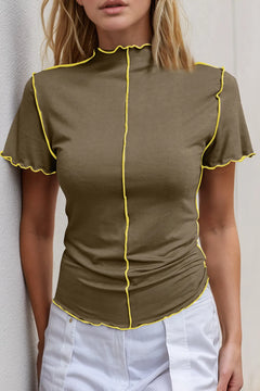 Basic Bae Mock Neck Wave Edge Contrast Stitching Ruffle Short Sleeve Slim Fit Casual Top