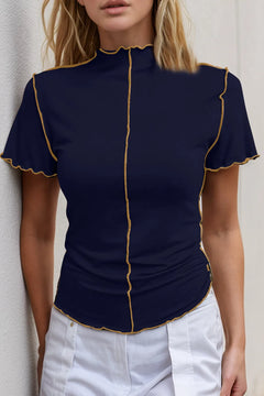 Basic Bae Mock Neck Wave Edge Contrast Stitching Ruffle Short Sleeve Slim Fit Casual Top