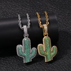 Hip-hop solid cactus zircon-encrusted pendant