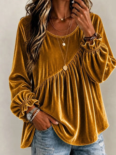Full Size Velvet Round Neck Long Sleeve Blouse Plus Size