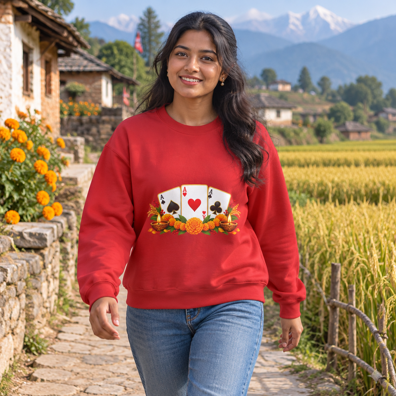 Tihar Themed Lucky Card Game Fruit Crewneck Sweatshirt