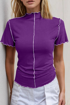 Basic Bae Mock Neck Wave Edge Contrast Stitching Ruffle Short Sleeve Slim Fit Casual Top