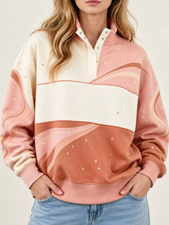 Full Size Color Block Snap-Button Sweatshirt Plus Size