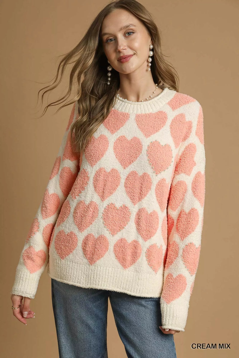 Umgee Mix Heart Pattern Pearl Accent Sweater