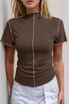Basic Bae Mock Neck Wave Edge Contrast Stitching Ruffle Short Sleeve Slim Fit Casual Top