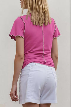 Basic Bae Mock Neck Wave Edge Contrast Stitching Ruffle Short Sleeve Slim Fit Casual Top
