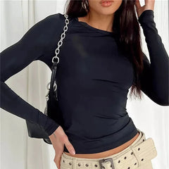 Autumn Winter Y2k Crop Women Long Sleeve T Shirt O Neck Slim Fit Pullovers