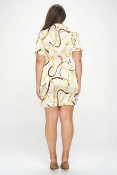 Chain Belt Print Short Sleeve Wrap Tie Dress