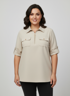 Zip Front Utility Pocket Tunic Blouse