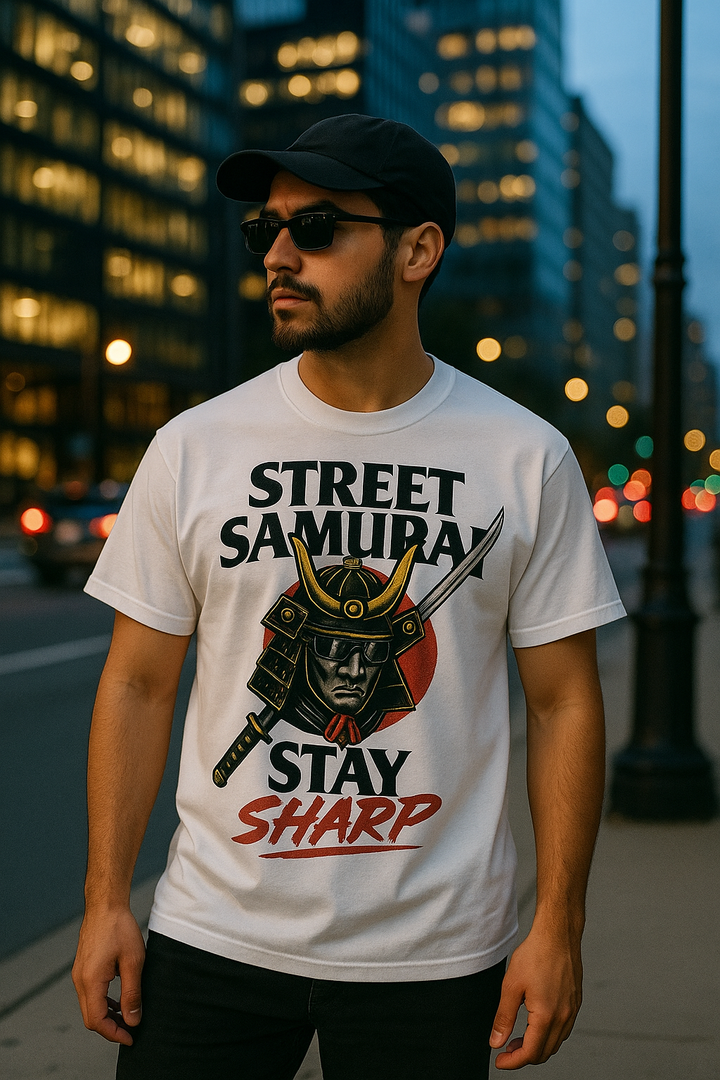 Street Samurai Graphic T-Shirt – Japanese Warrior Sword Design, White Cotton Tee