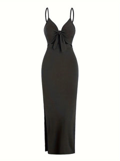 knit simple sleeveless suspender dress leaking back and sexy long skirt with neck.
