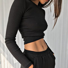 O Neck Long Sleeve Shirt Women Ribbed Sexy Cropped Tops Casual Skinny T Shirts White
