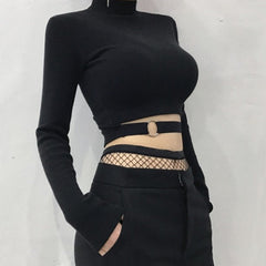 Women Slim Short T-shirt Sexy Tight Turtleneck Long Sleeve Goth Crop Top