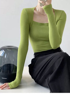 Long Sleeve Tops Women Candy Color Fake Two Piece Skinny T-shirts Female