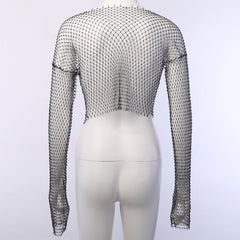 Crystal Diamond See Through Crop Tops Women Hollow Out Beachwear Tops Shiny Sexy Party Top