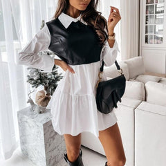 Long Sleeve Mini Shirt Dress For Women White 2022 Spring PU Leather Patchwork Plaid Dresses