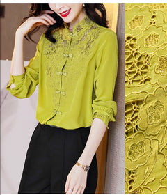 Embroidery Hollow Blouse Women Long Sleeve Imitation Silk Top Loose Vintage Shirt Plus Size