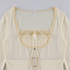 Sweet Cute Crop Top Lace Frill Bow Pullovers Vintage Square Collar T Shirt