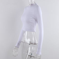 O Neck Long Sleeve Shirt Women Ribbed Sexy Cropped Tops Casual Skinny T Shirts White
