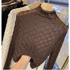 Women Lace Mesh High Collar Bottom T-shirts Female Long Sleeve Casual Style Tight Thin Tops