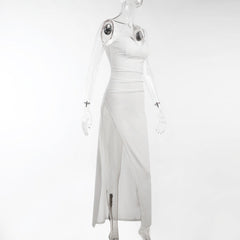 High Split Ankle-length Party Dresses Women Solid White Spaghetti Strap Dress Y2K