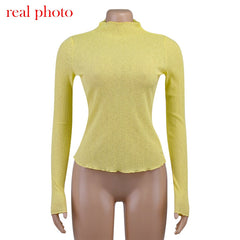 Elegant See Through Long Sleeve Mock Neck Women Tops Fashion Streetwear T-Shirts