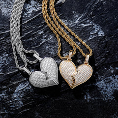 Heart Broken With Magnet Iced Out Pendant Necklace Mens/Women Hip Hop Gold Silver Color Jewelry