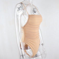 Sleeveless Chic Fashion Mesh Ruched Halter Bodysuit Women Female Tie Up Backless Body Suit