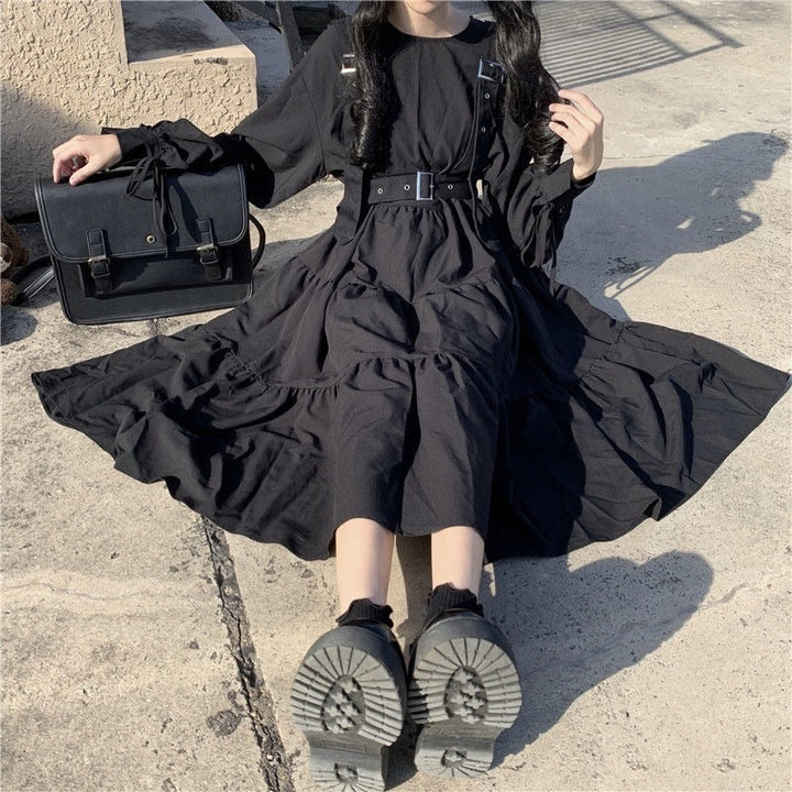 Women Harajuku Gothic Lolita Goth Kawaii Dress Punk Cute Long Sleeve Black Midi Dress
