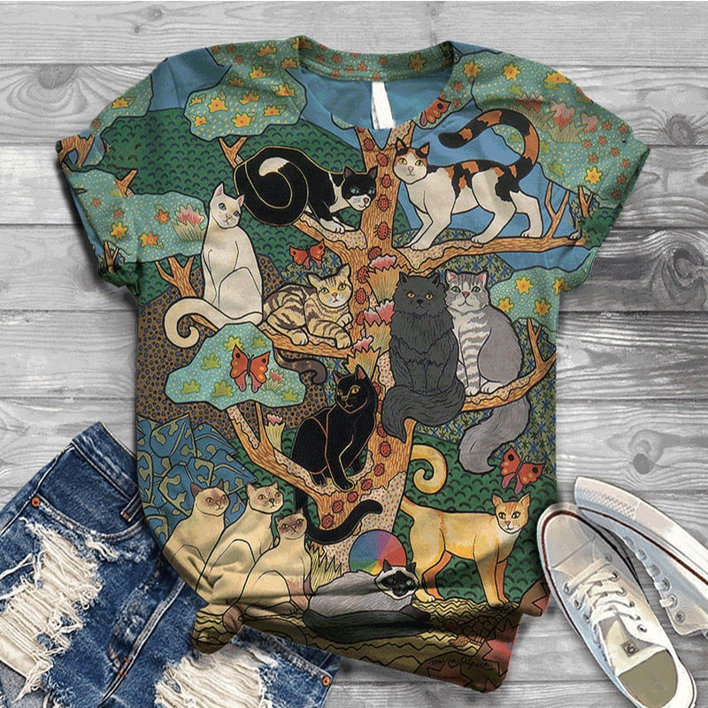 Women Summer Short Sleeve Digital 3D Cat Printed O-Neck Tops T Shirt Femme T-Shirts