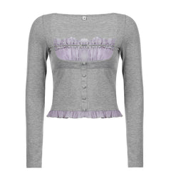 Sweet Cute Crop Top Lace Frill Bow Pullovers Vintage Square Collar T Shirt