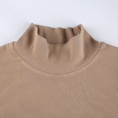Solid Turtleneck Cropped T Shirt Women Autumn Casual Long Sleeve Ladies Skinny Basic