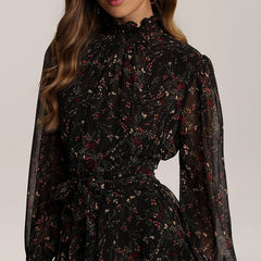 Spring Vintage Perspective Floral Print Dress Women Long Sleeve Chiffon A Line Mini Dress Vestidos