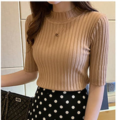 Knitted T Shirt Women Short Sleeve Basic Woman T-shirt  Femme Elasticity Poleras