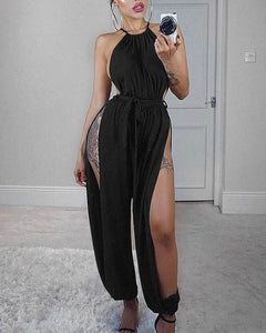 Women Hollow Out Jumpsuit Casual Sleeveless O-Neck Belt Jumpsuit Lace Up Slim Rompers