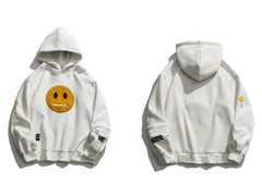 Zipper Pocket Smile Face Patchwork Fleece Hoodies Sweatshirts Streetwear