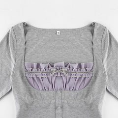 Sweet Cute Crop Top Lace Frill Bow Pullovers Vintage Square Collar T Shirt