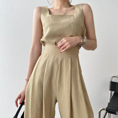 Office Ladies 2-Piece Women Square Neck Loose Vest Top + High Waist Pleated Wide Leg Pants