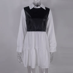 Long Sleeve Mini Shirt Dress For Women White 2022 Spring PU Leather Patchwork Plaid Dresses
