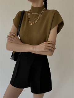 French Turtleneck Knitted Women Spring Summer Design Loose Short Sleeve Cropped Tops Female