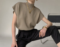 French Turtleneck Knitted Women Spring Summer Design Loose Short Sleeve Cropped Tops Female
