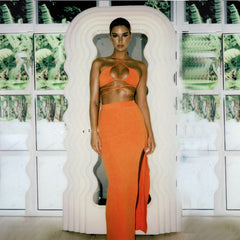 Cryptographic Bandage Cut Out Sexy Halter Neck Top and Skirts Set Gathered Elegant