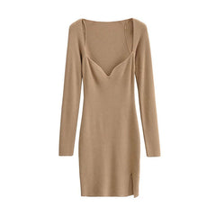 Aproms Elegant Square Neck Ribbed Knitted Dresses Women Long Sleeve High Stretch Bodycon