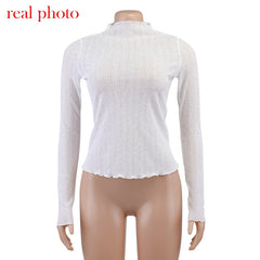 Elegant See Through Long Sleeve Mock Neck Women Tops Fashion Streetwear T-Shirts