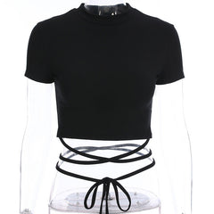 Summer Women Black Short T-Shirts Sexy Crop Tops Short Sleeve Bandage Tee Tops Female Shirts
