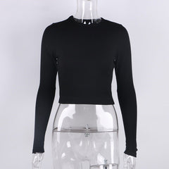 O Neck Long Sleeve Shirt Women Ribbed Sexy Cropped Tops Casual Skinny T Shirts White