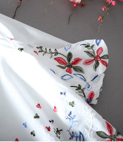 White Chiffon Blouse Short Sleeve Women Stripe Flower Print Top Loose Shirt