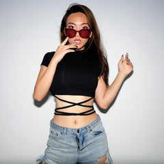 Summer Women Black Short T-Shirts Sexy Crop Tops Short Sleeve Bandage Tee Tops Female Shirts