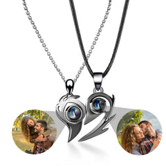 Flame Heart Shaped Custom Photo Projection Couples Necklaces