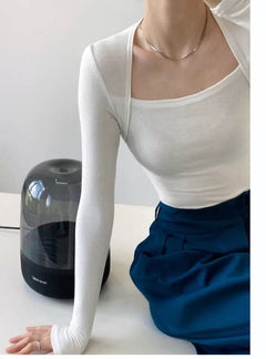 Long Sleeve Tops Women Candy Color Fake Two Piece Skinny T-shirts Female